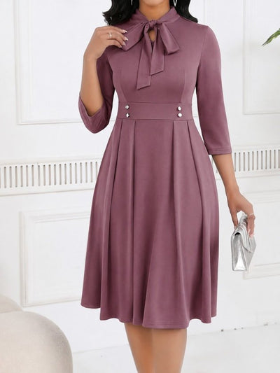 Rochie midi din crap importat pentru femei cu mâneci Tuvakar, legată din gât, cu nasturi, 37617
