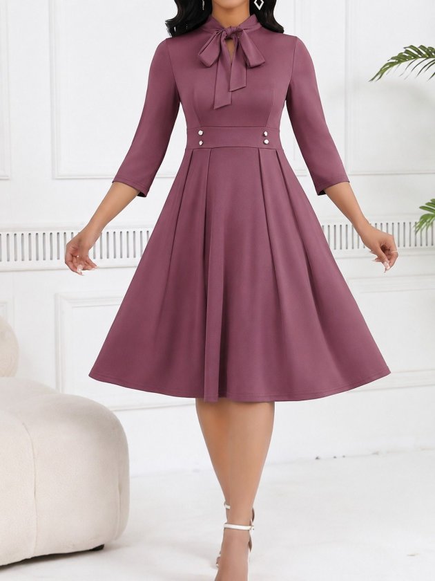 Rochie midi din crap importat pentru femei cu mâneci Tuvakar, legată din gât, cu nasturi, 37617