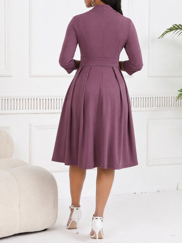 Rochie midi din crap importat pentru femei cu mâneci Tuvakar, legată din gât, cu nasturi, 37617