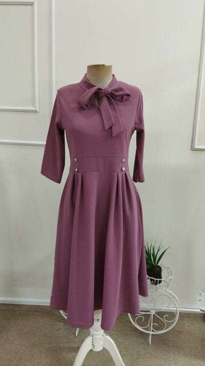 Rochie midi din crap importat pentru femei cu mâneci Tuvakar, legată din gât, cu nasturi, 37617