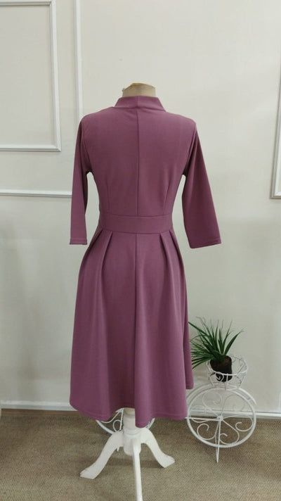 Rochie midi din crap importat pentru femei cu mâneci Tuvakar, legată din gât, cu nasturi, 37617
