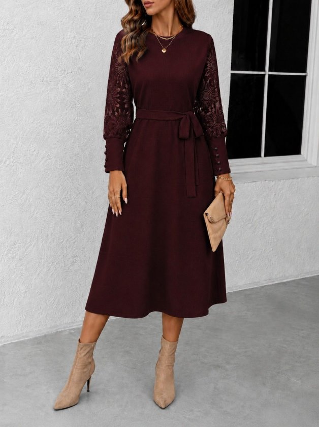 Rochie Waffle midi cu mâneci lungi și gât rotund cu curea la talie pentru femei, 37694