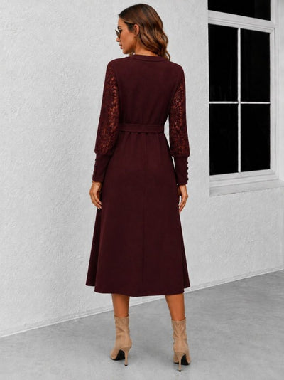 Rochie Waffle midi cu mâneci lungi și gât rotund cu curea la talie pentru femei, 37694