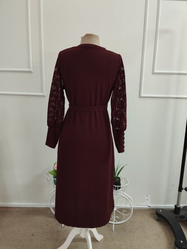 Kadın Uzun Kollu Bisiklet Yaka Belden Kuşaklı Midi Waffle Elbise, 37694