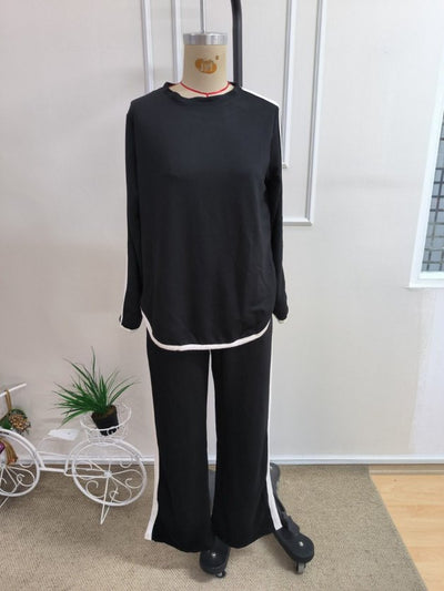 Set de două piese: Bluză cu mâneci lungi cu gât rotund și detalii cu panglică din viscozã doi fir și pantaloni pentru femei, 37703