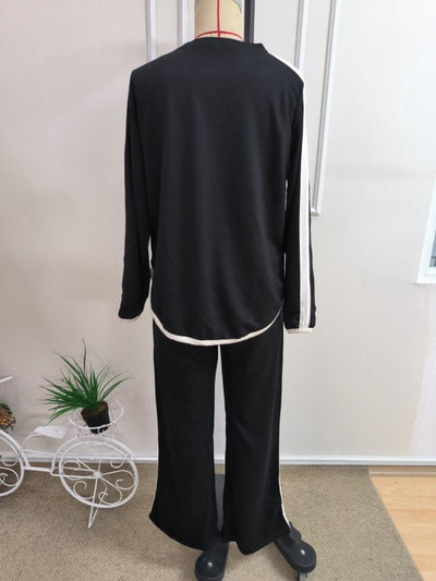 Set de două piese: Bluză cu mâneci lungi cu gât rotund și detalii cu panglică din viscozã doi fir și pantaloni pentru femei, 37703