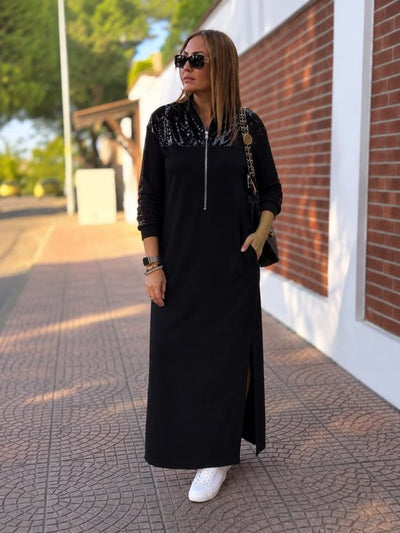 Rochie Femeie cu Mâneci Lungi, cu Fermoar, Detaliu Paiete, Lungă, Viscoză Dublu, 37714
