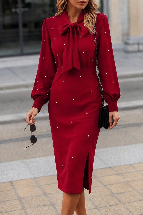 Rochie Midi de Damă Importată din Crep, cu Mânecă Lungă, Guler cu Fundă, Crapatură Laterală și Perle, 37748