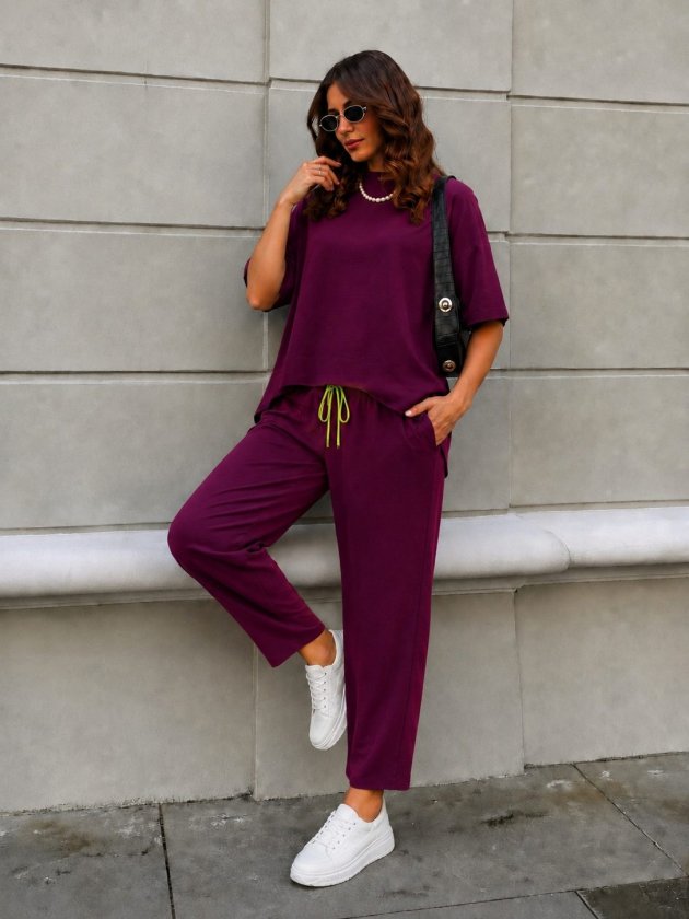 Set două piese damă, bluză din viscoză cu mânecă scurtă, guler rotund și pantaloni, tip două fire, 37756