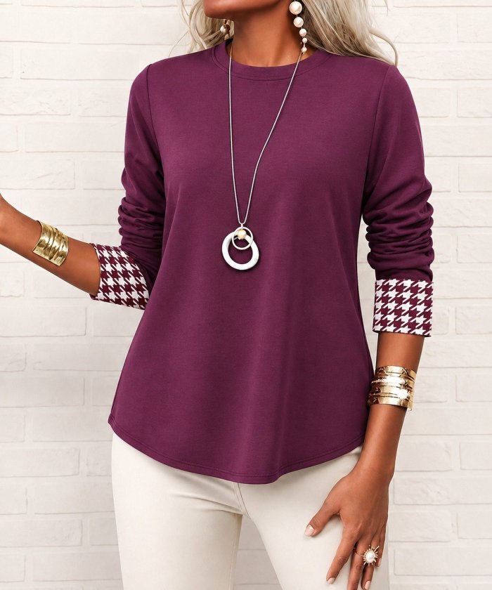 Bluz de damă, cu mânecă lungă, guler rotund, detalii houndstooth, modal, 37868