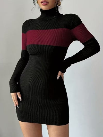 Rochie tricotată scurtă, cu mânecă lungă, guler tip maletă, bicoloră, pentru femei, 37879