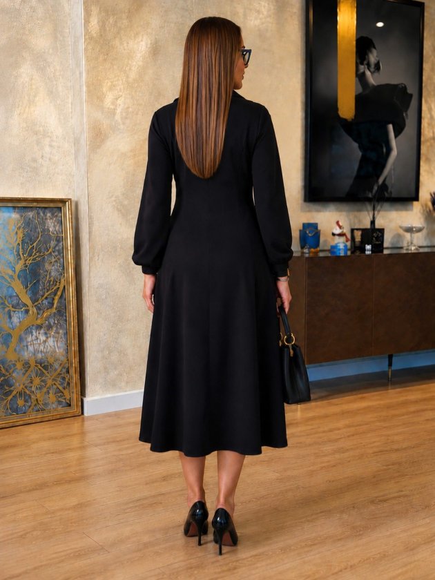 Rochie midi cloș cu fermoar, mâneci lungi, din vâscoză cu două fire, pentru femei, 37882