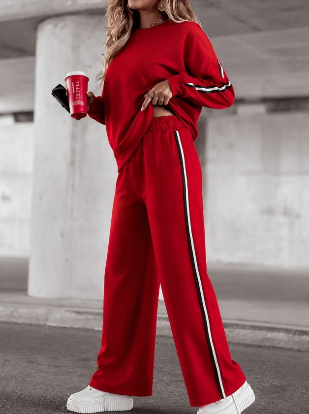 Set doua piese din vascoza, bluza cu maneci lungi, decolteu rotund si detalii cu banda, impreuna cu pantaloni, 37891