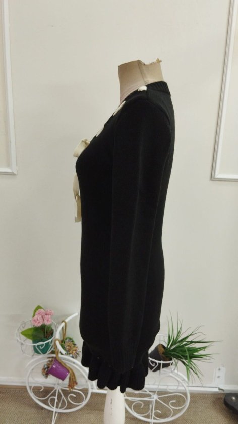 Rochie tricotată scurtă, de damă, cu mânecă lungă, decolteu în V și șiret la guler, 37913