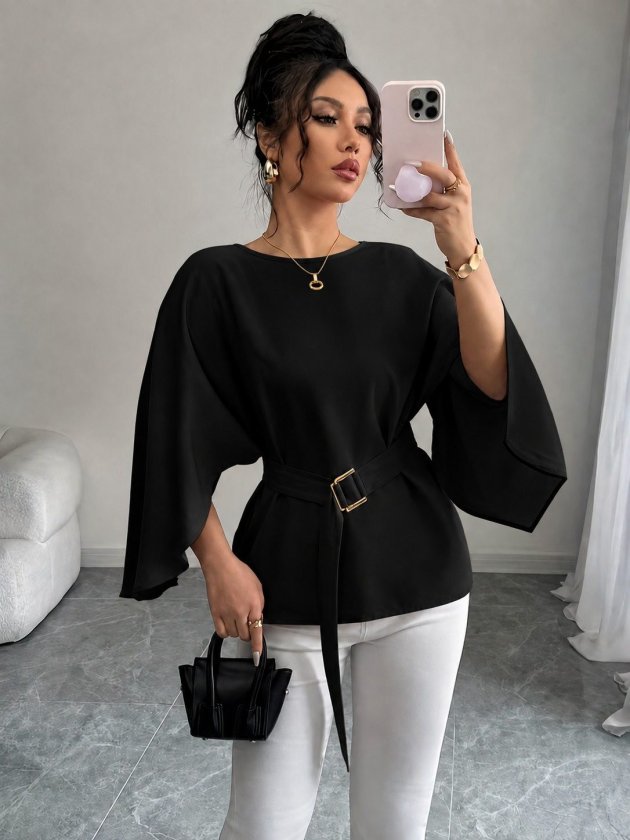 Bluz de damă cu mânecă lungă, guler rotund, mâneci tip liliac, șiret în talie, din satin, 38003