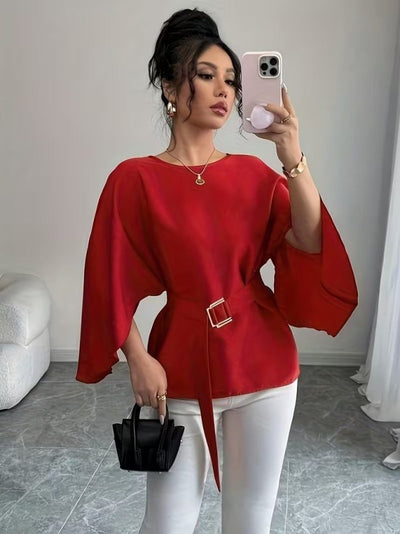 Bluz de damă, cu mânecă lungă, guler rotund, mâneci tip liliac, cu cordon în talie, din satin, 38005