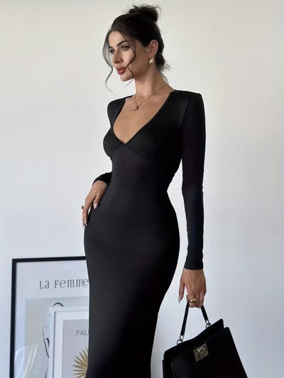 Rochie lungă de damă din neopren, cu mâneci lungi, decolteu adânc și cordon în talie, 38007