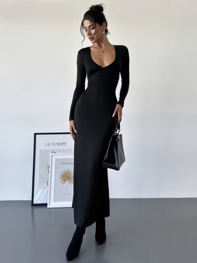 Rochie lungă de damă din neopren, cu mâneci lungi, decolteu adânc și cordon în talie, 38007
