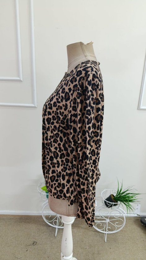 Bluz din suprafin leopard cu mâneci lungi și decolteu rotund în V, de damă, 38027