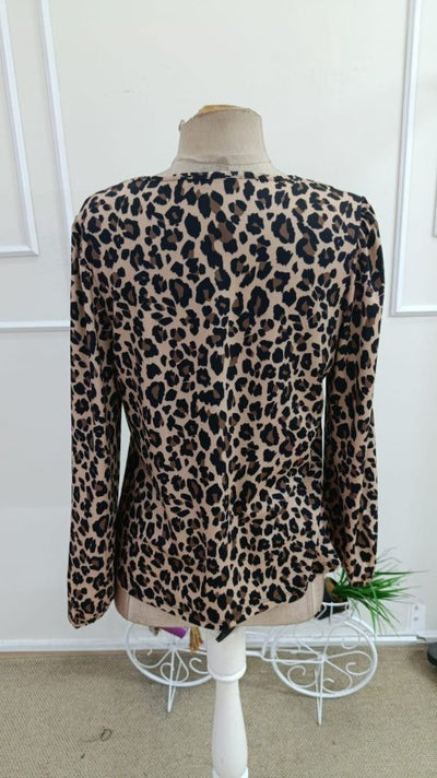 Kadın Uzun Kollu Yuvarlak V Yakalı Leopar Desenli Süprem Bluz, 38027