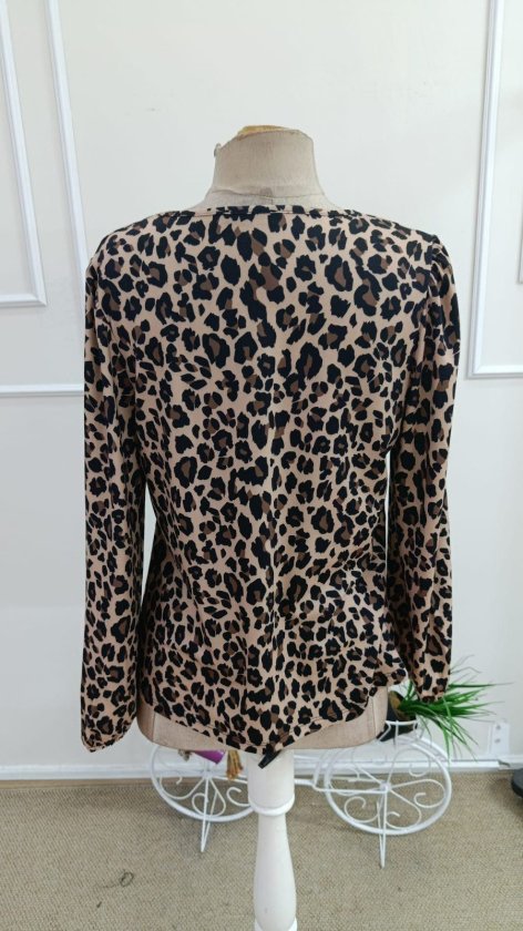 Kadın Uzun Kollu Yuvarlak V Yakalı Leopar Desenli Süprem Bluz, 38027