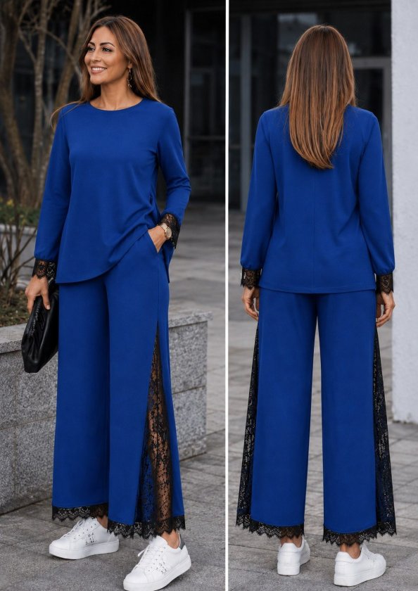 Set damă din două piese: bluză cu mânecă lungă, guler rotund, detalii din dantelă, din viscoză, și pantaloni asortați, cod 38048