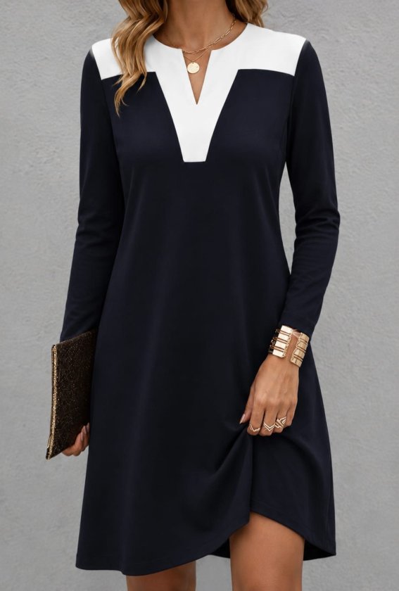 Kadın Uzun Kollu V Yakalı çift Renkli Viskon Iki Iplik Kısa Elbise, 38070