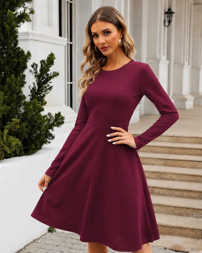 Rochie scurtă evazată de damă, cu mânecă lungă, guler la baza gâtului, din crep importat, 38090