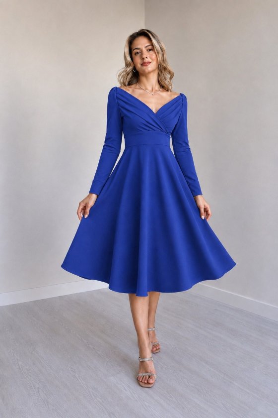 Rochie midi plisată, din crep, pentru femei, cu mâneci lungi și decolteu petrecut, 38127