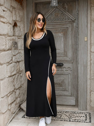 Rochie lungă de damă din viscoză, cu mânecă lungă, guler rotund, despicătură laterală, 38133