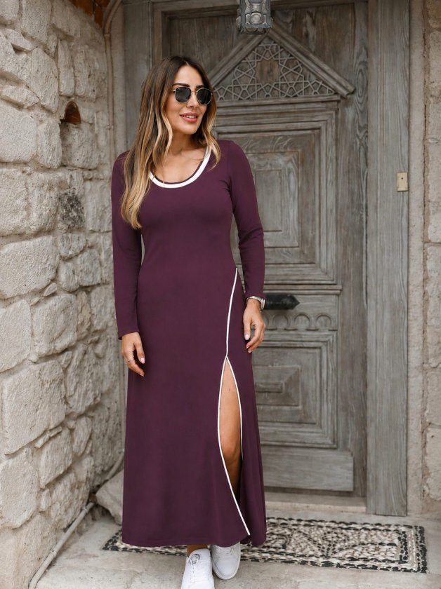 Rochie lungă cu mâneci lungi, gât rotund, crăpături, din viscoză din două fire, pentru femei, 38134