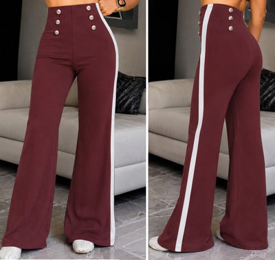 Pantaloni damă din crep importat, cu talie înaltă, nasturi, bandă laterală și croială evazată, 38138