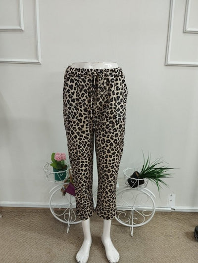 Kadın Yüksek Bel Bağcıklı Leopar Desenli Modal Pantolon, 38404