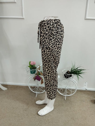 Kadın Yüksek Bel Bağcıklı Leopar Desenli Modal Pantolon, 38404