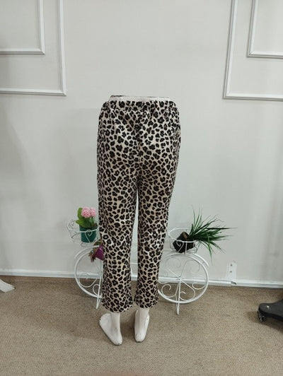 Kadın Yüksek Bel Bağcıklı Leopar Desenli Modal Pantolon, 38404