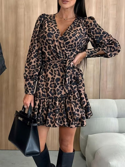 Kadın Uzun Kollu Kruvaze Yakalı Belden Bağcıklı Kısa Leopar Desenli Modal Elbise, 38487
