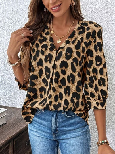 Kadın Truvakar Kollu Yakalı Leopar Desenli Modal Bluz, 38543