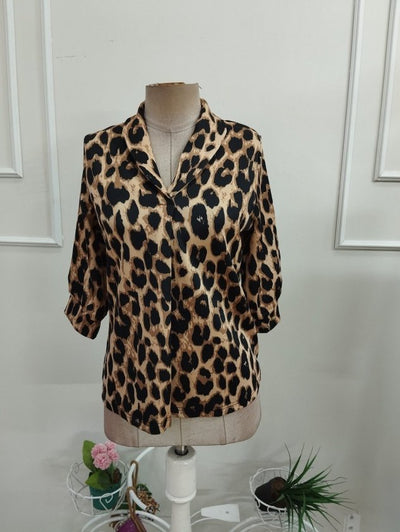 Kadın Truvakar Kollu Yakalı Leopar Desenli Modal Bluz, 38543