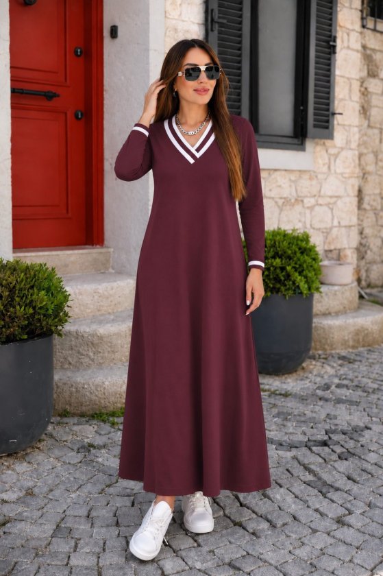 Kadın Uzun Kollu V Yakalı Cepli Uzun Viskon Iki Iplik Elbise, 38550
