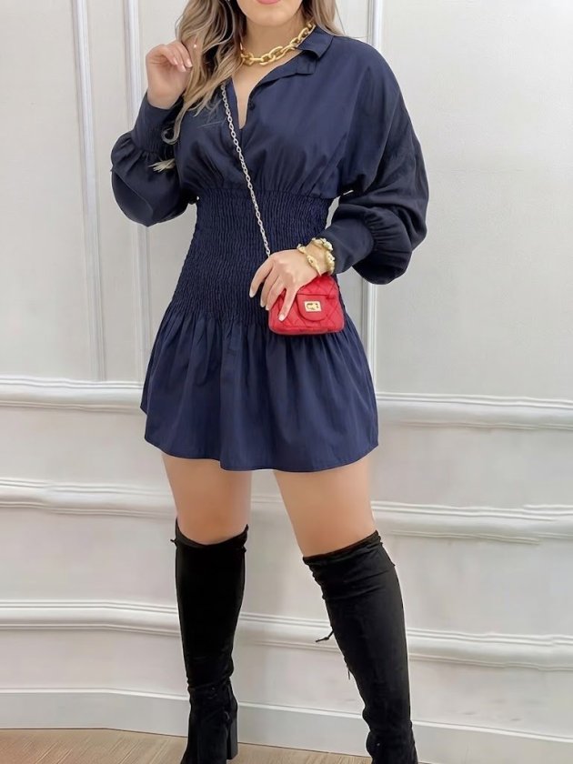Kadın Uzun Kollu Yakalı Beli Lastikli Trikoton Bluz, 38565