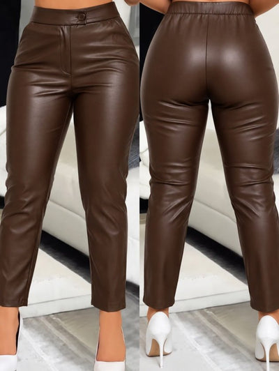 Kadın Yüksek Bel Cepli Deri Pantolon, 38605