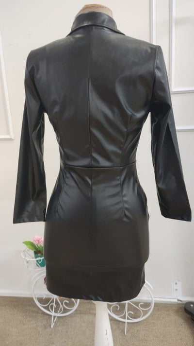 Rochie scurtă din piele pentru femei, cu mânecă lungă și decolteu înfășurat, 38698