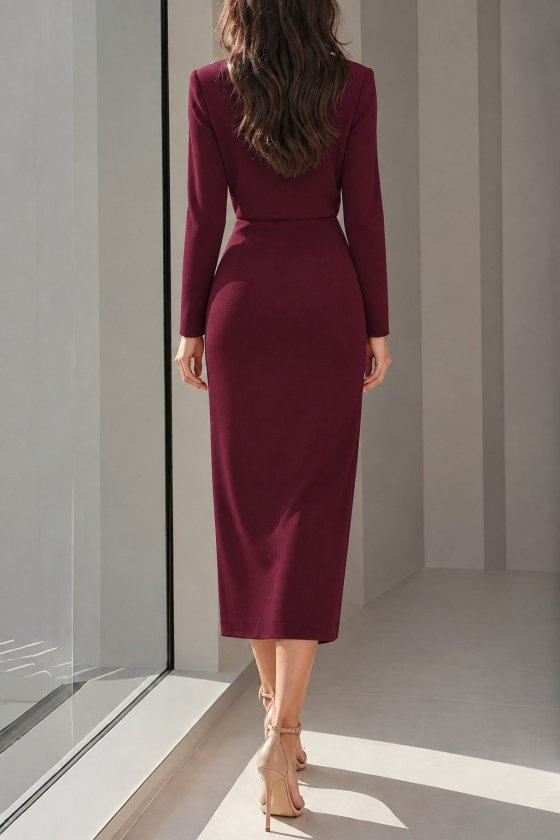 Rochie midi slim fit din crep importat, cu mânecă lungă, decolteu rotund, crăpătură laterală, cu nasturi, 38811