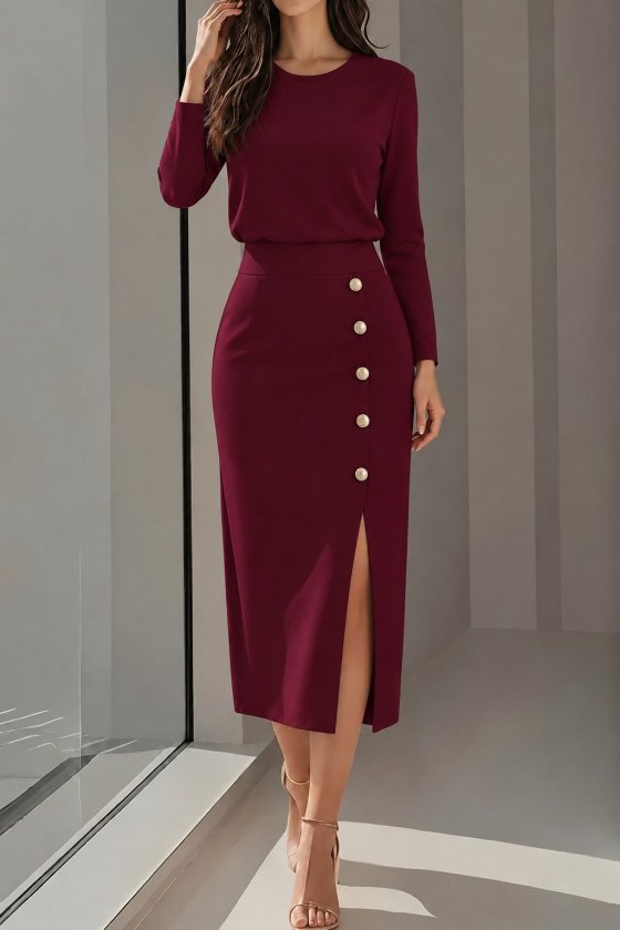 Rochie midi slim fit din crep importat, cu mânecă lungă, decolteu rotund, crăpătură laterală, cu nasturi, 38811
