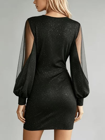 Rochie scurtă de damă, cu mânecă lungă, decolteu în V, culoare nisip strălucitor, 38818