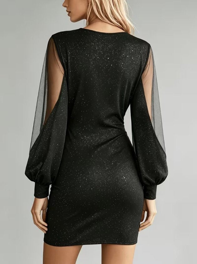 Rochie scurtă de damă, cu mânecă lungă, decolteu în V, culoare nisip strălucitor, 38818