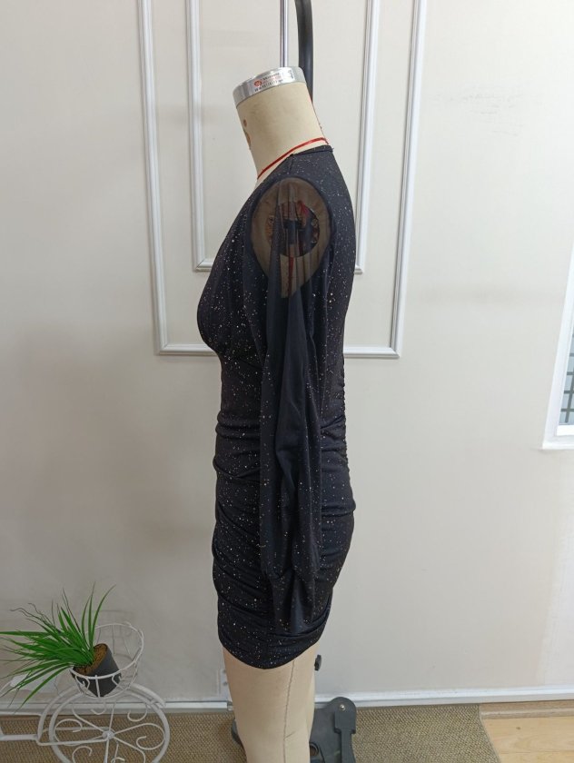 Rochie scurtă de damă, cu mânecă lungă, decolteu în V, culoare nisip strălucitor, 38818
