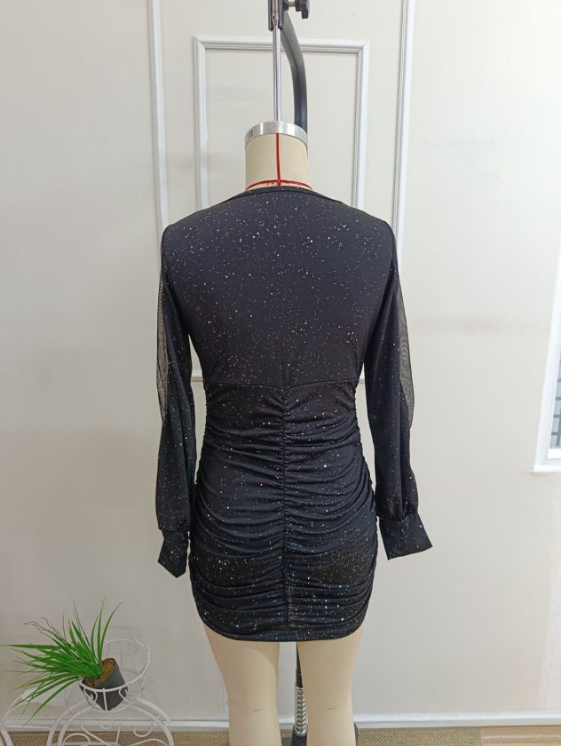 Rochie scurtă de damă, cu mânecă lungă, decolteu în V, culoare nisip strălucitor, 38818
