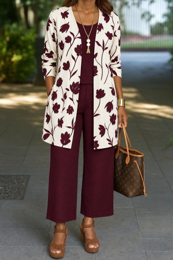 Women's Long-Sleeved Open-Front Modal Jacket, Sleeveless Viscose Two-Thread Blouse, and Pants Three-Piece Set, 38887