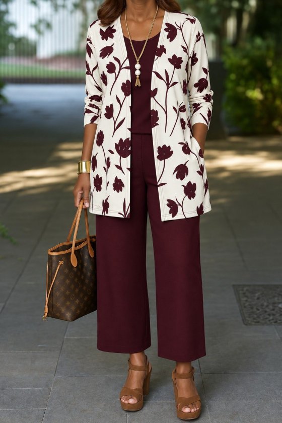 Women's Long-Sleeved Open-Front Modal Jacket, Sleeveless Viscose Two-Thread Blouse, and Pants Three-Piece Set, 38887